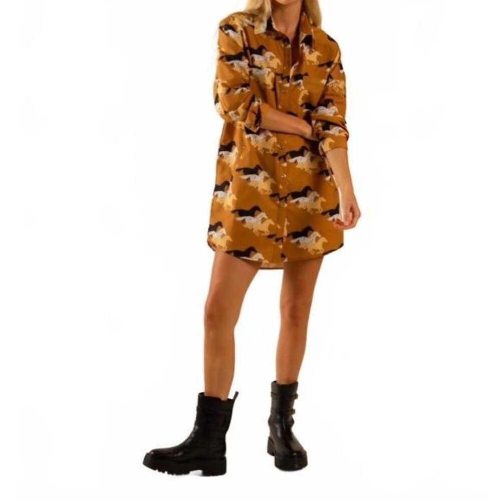 Care Tucker Preslie Brown Wild Horses Print Poplin Shirt Dress Womens Size Small